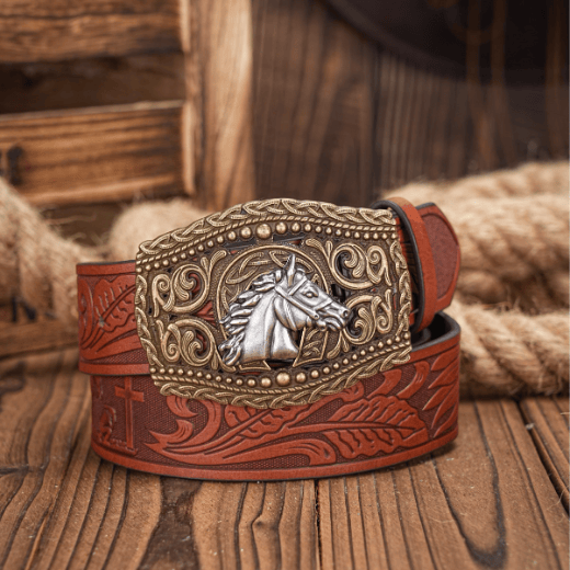 Ceinture pour homme en argent avec boucle ajourée en forme de tête de cheval sculptée - Tête de cheval argentée - Brun clair - 38 - image 3