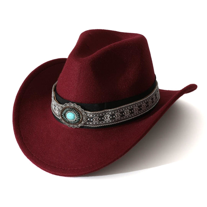 Chapeau de cowboy pour homme, style western, à bord turquoise à motifs et ceinture. - Vin - M (22"-22 7/8") - image 3