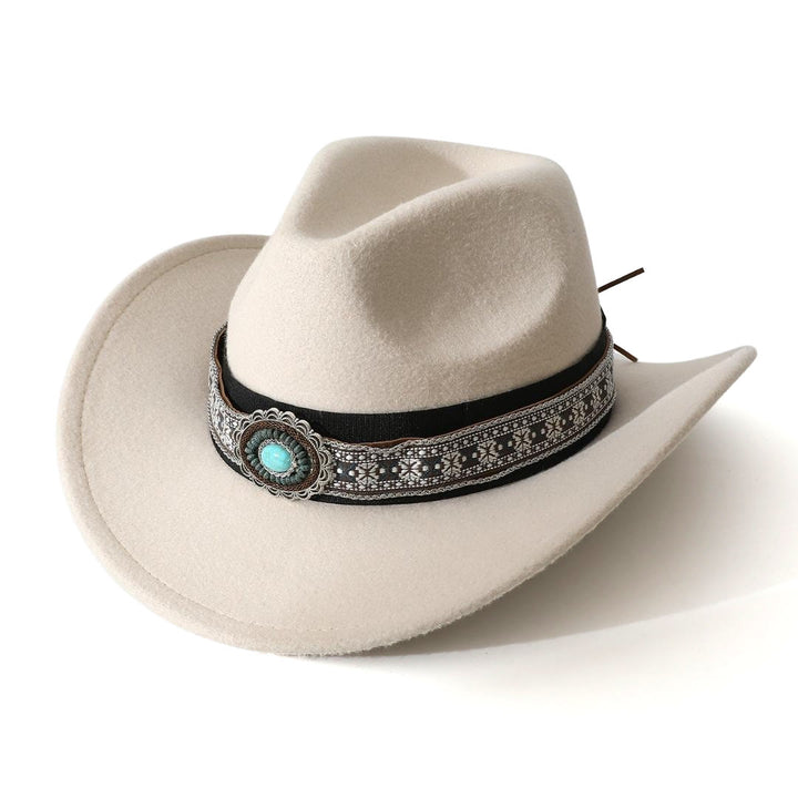 Chapeau de cowboy pour homme, style western, à bord turquoise à motifs et ceinture. - Blanc - M (22"-22 7/8") - image 5