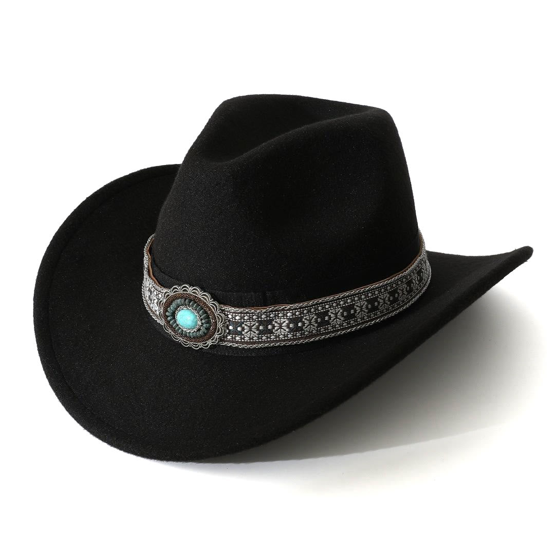 Chapeau de cowboy pour homme, style western, à bord turquoise à motifs et ceinture. - Noir - M (22"-22 7/8") - image 0