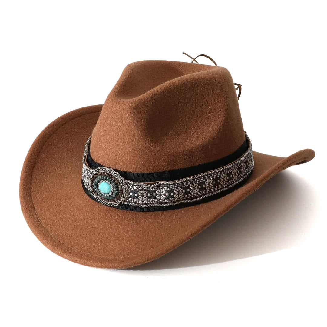 Chapeau de cowboy pour homme, style western, à bord turquoise à motifs et ceinture. - Brun - M (22"-22 7/8") - image 7