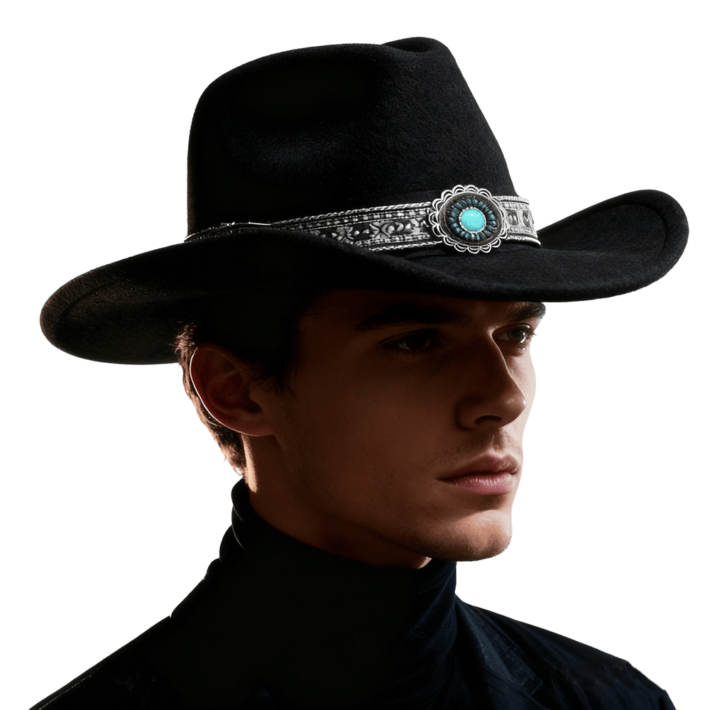 Chapeau de cowboy pour homme, style western, à bord turquoise à motifs et ceinture. - image 1