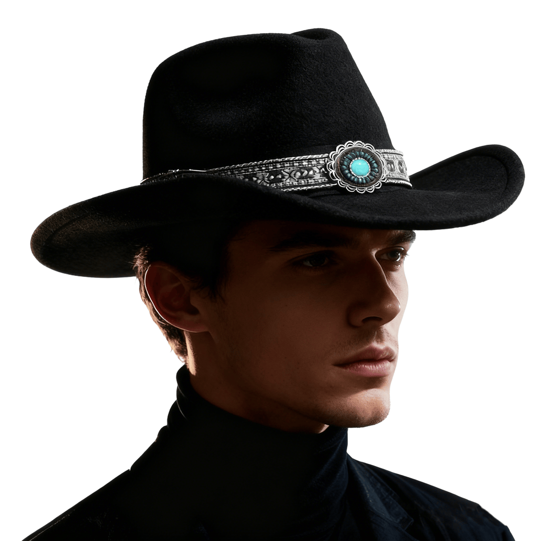 Chapeau de cowboy pour homme, style western, à bord turquoise à motifs et ceinture. - image 1