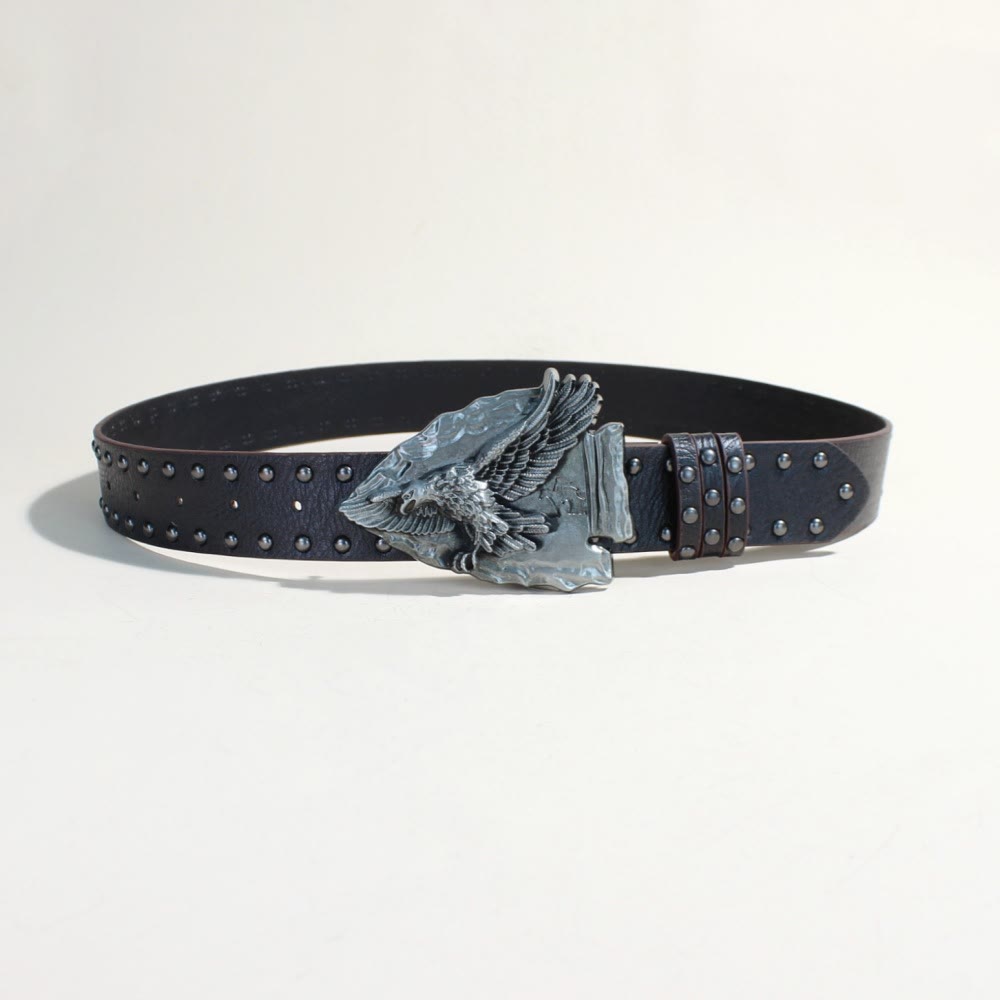 Ceinture noire rétro à boucle triangulaire aigle et rivets métalliques - image 1
