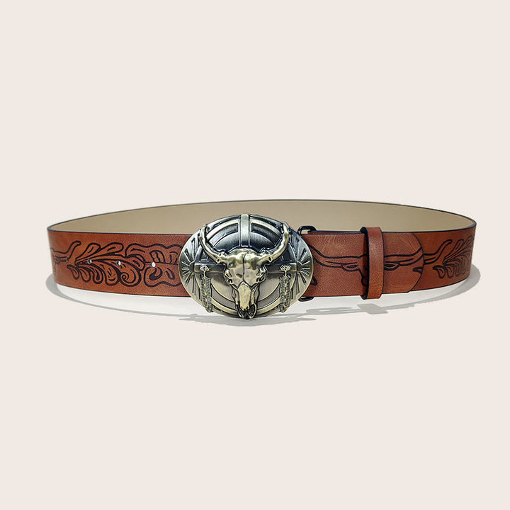 Ceinture western pour homme avec boucle tête de taureau et motif noir - Crâne de taureau - Brun - 38 - image 0