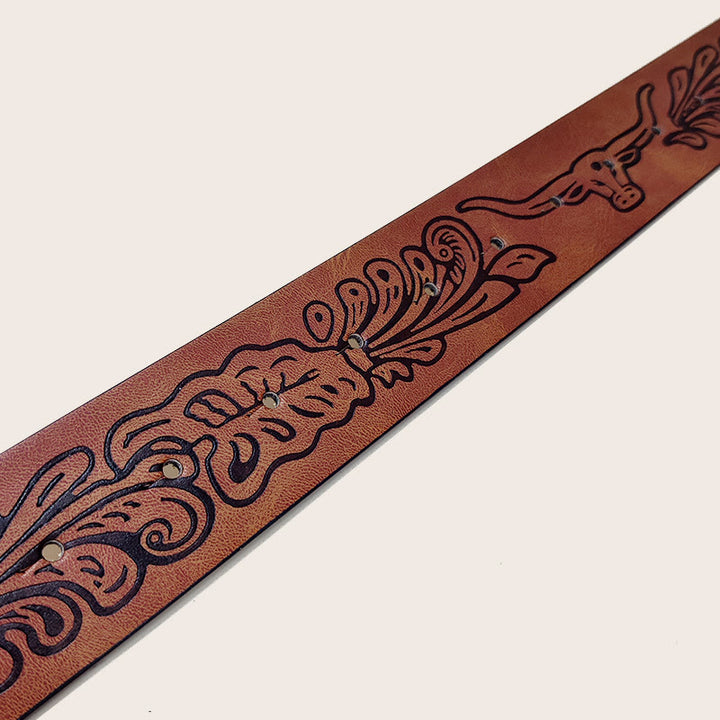 Ceinture western pour homme avec boucle tête de taureau et motif noir - image 1