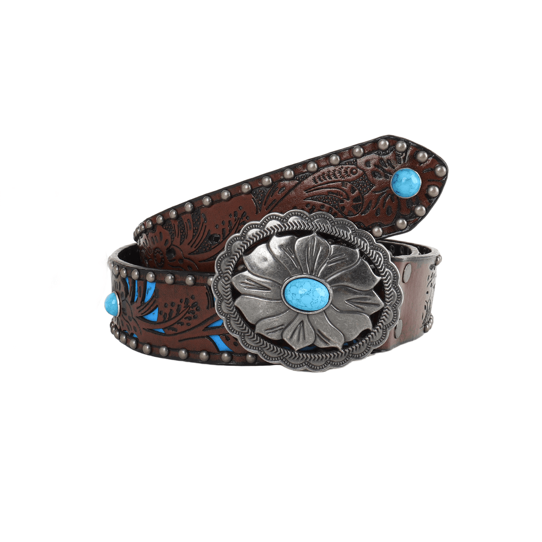 Ceinture pour femme en métal argenté avec boucle turquoise en forme de fleur et rivets métalliques - Argent - 38 - image 0