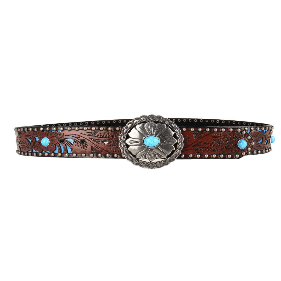 Ceinture pour femme en métal argenté avec boucle turquoise en forme de fleur et rivets métalliques - image 1