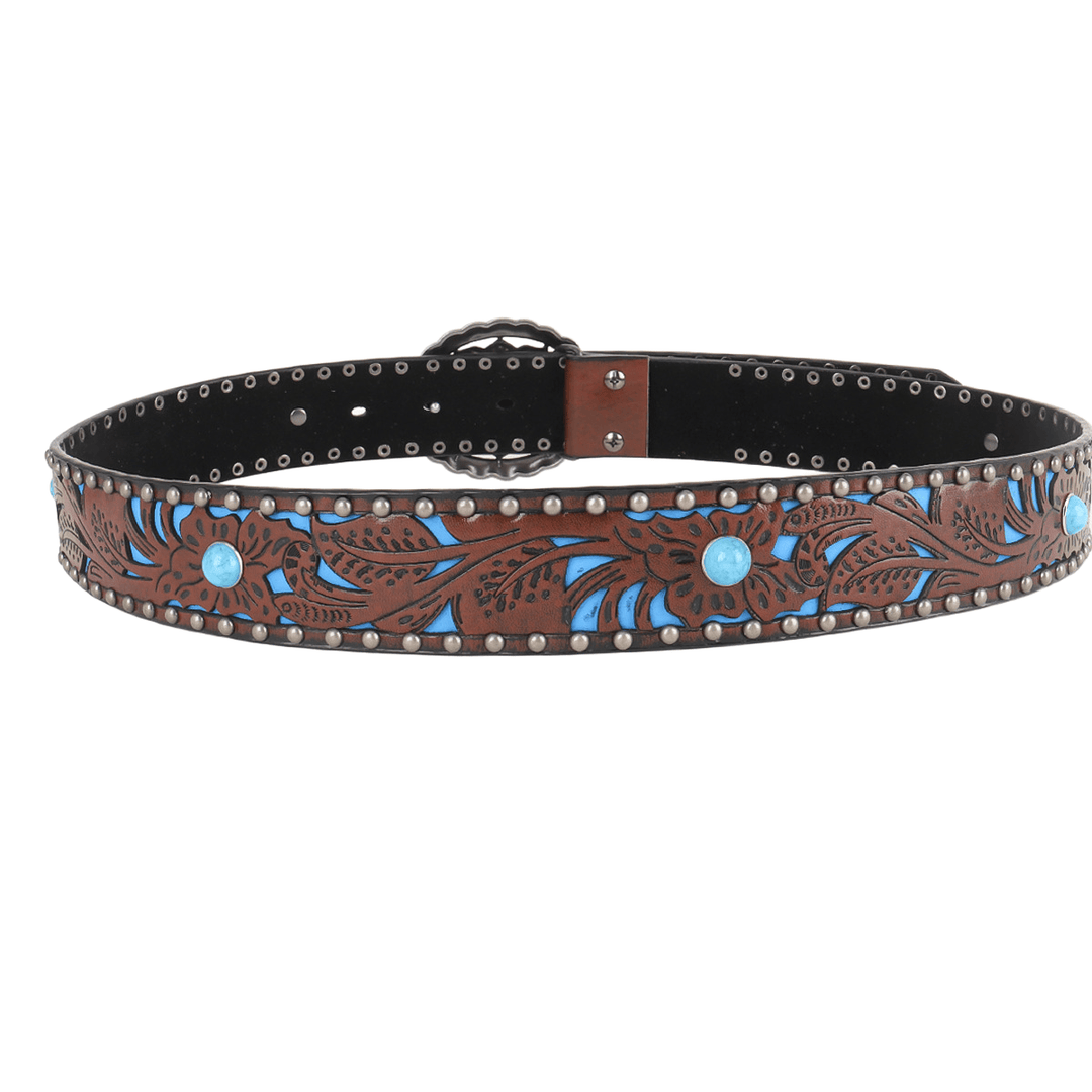 Ceinture pour femme en métal argenté avec boucle turquoise en forme de fleur et rivets métalliques - image 2