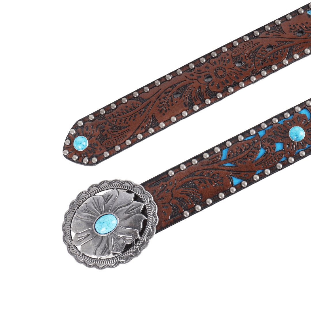 Ceinture pour femme en métal argenté avec boucle turquoise en forme de fleur et rivets métalliques - image 3