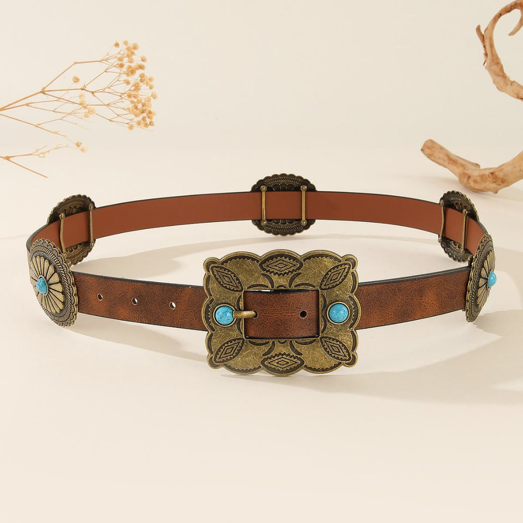 Ceinture turquoise à motif rond et boucle carrée en bronze pour femme - image 2
