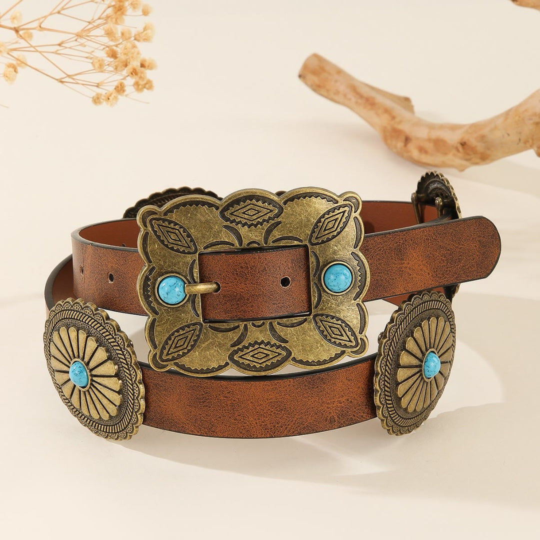 Ceinture turquoise à motif rond et boucle carrée en bronze pour femme - Brun - 38 - image 0