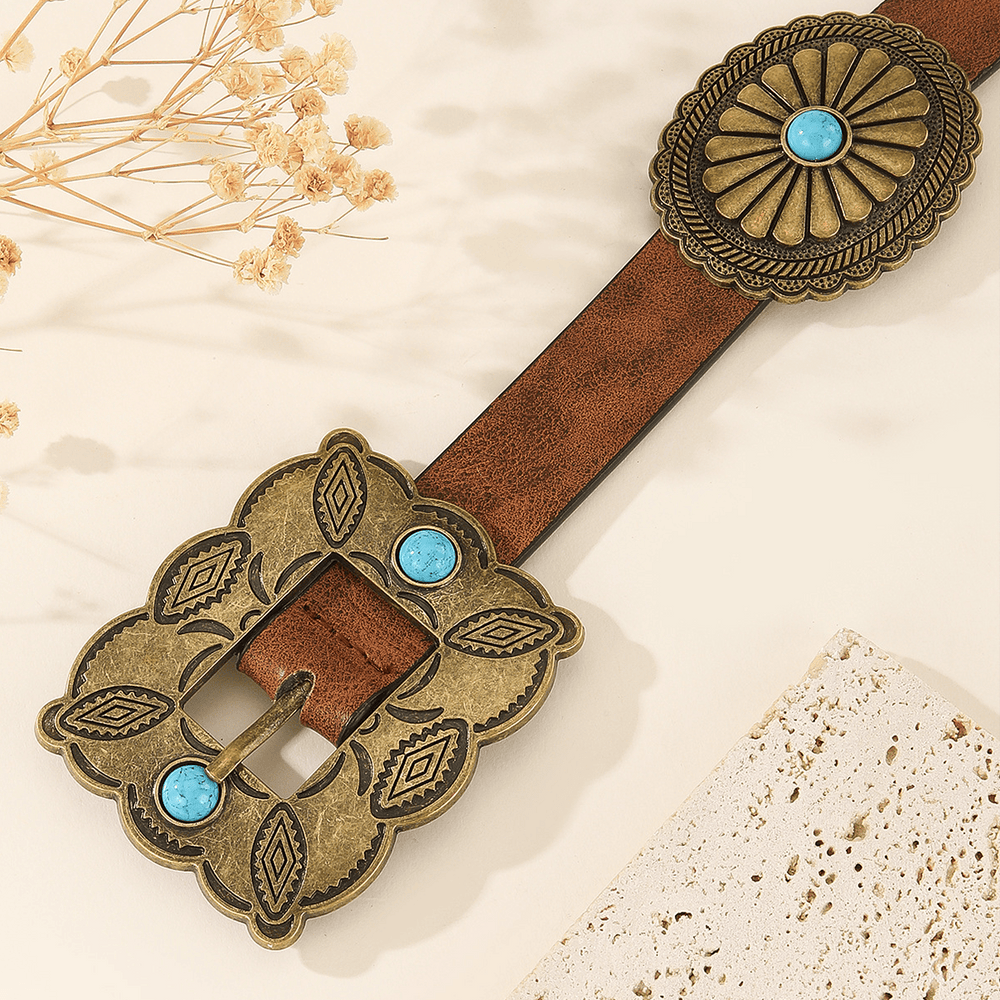 Ceinture turquoise à motif rond et boucle carrée en bronze pour femme - image 1