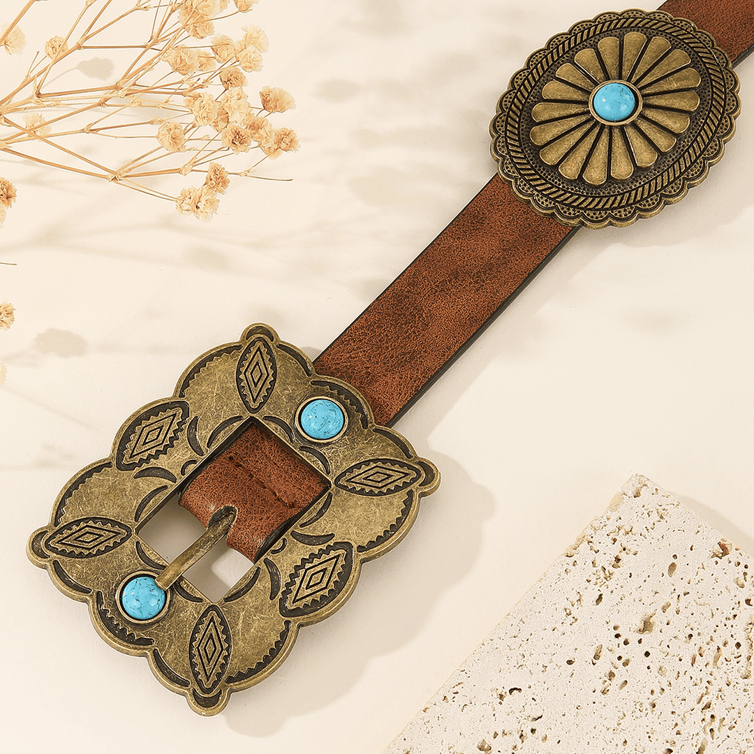 Ceinture turquoise à motif rond et boucle carrée en bronze pour femme - image 1