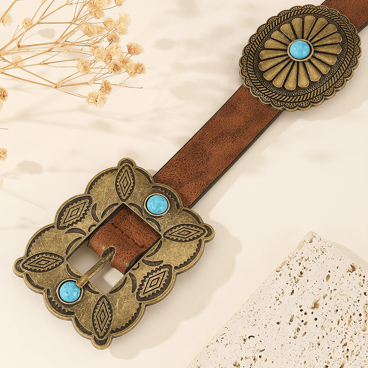 Ceinture turquoise à motif rond et boucle carrée en bronze pour femme - image 1