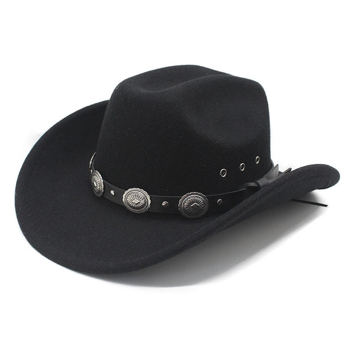 Chapeau de cowboy pour homme, à bord à motif argenté et ceinture. - Noir - M (22"-22 7/8") - image 0