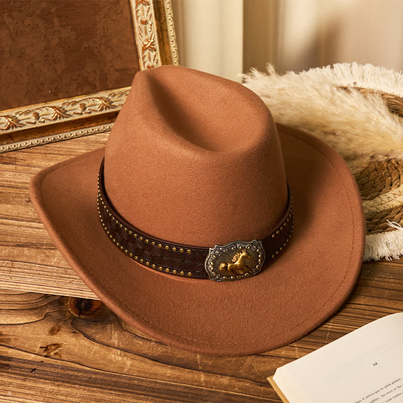 Chapeau de cowboy pour homme avec boucle Golden Horse, bord riveté et ceinture - image 1