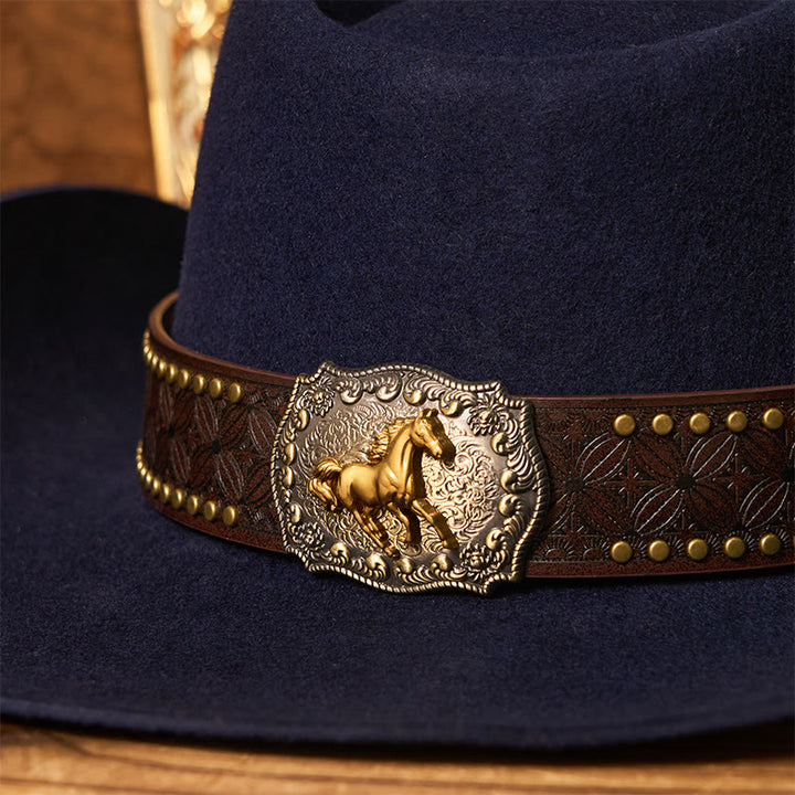 Chapeau de cowboy pour homme avec boucle Golden Horse, bord riveté et ceinture - image 5