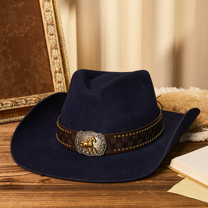 Chapeau de cowboy pour homme avec boucle Golden Horse, bord riveté et ceinture - Bleu marine - M (22"-22 7/8") - image 3