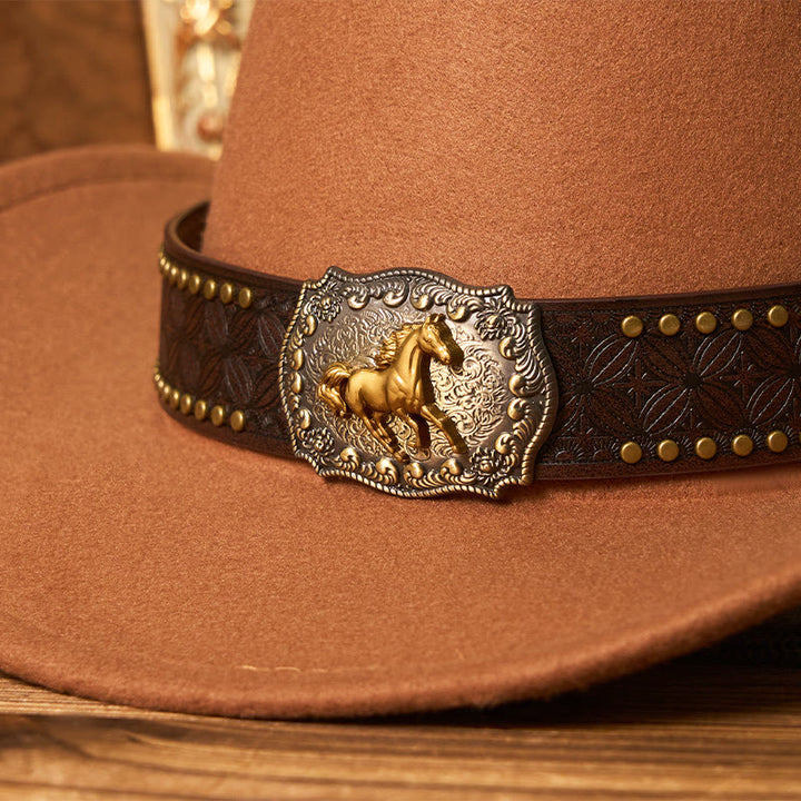 Chapeau de cowboy pour homme avec boucle Golden Horse, bord riveté et ceinture - image 2