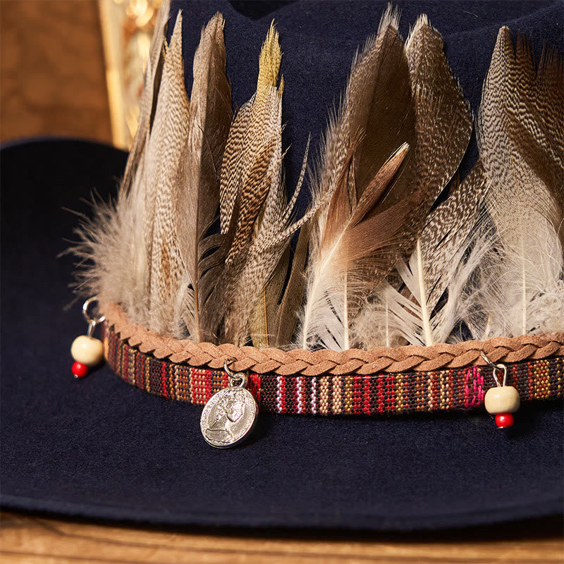 Chapeau de cowboy pour homme avec bord tissé et ceinture à plumes - image 5