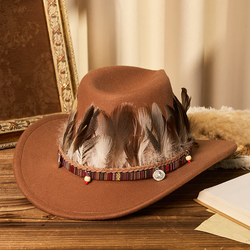 Chapeau de cowboy pour homme avec bord tissé et ceinture à plumes - Caramel - M (22"-22 7/8") - image 0