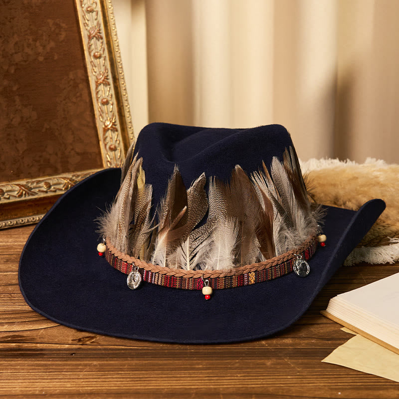 Chapeau de cowboy pour homme avec bord tissé et ceinture à plumes - Bleu marine - M (22"-22 7/8") - image 3