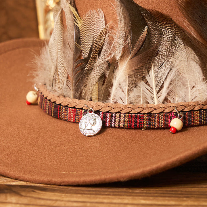 Chapeau de cowboy pour homme avec bord tissé et ceinture à plumes - image 2