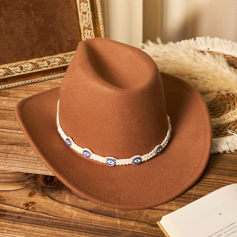 Chapeau de cowboy pour homme avec œil maléfique, bord tricoté blanc et ceinture - image 1
