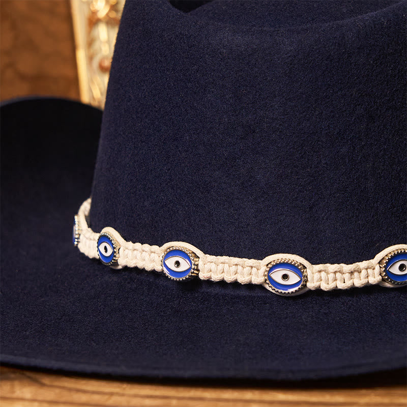 Chapeau de cowboy pour homme avec œil maléfique, bord tricoté blanc et ceinture - image 5