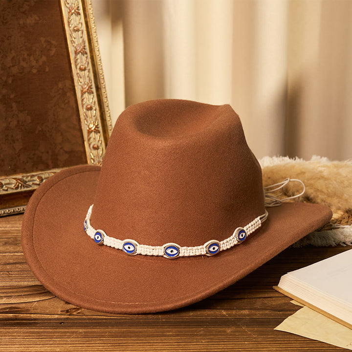 Chapeau de cowboy pour homme avec œil maléfique, bord tricoté blanc et ceinture - Caramel - M (22"-22 7/8") - image 0
