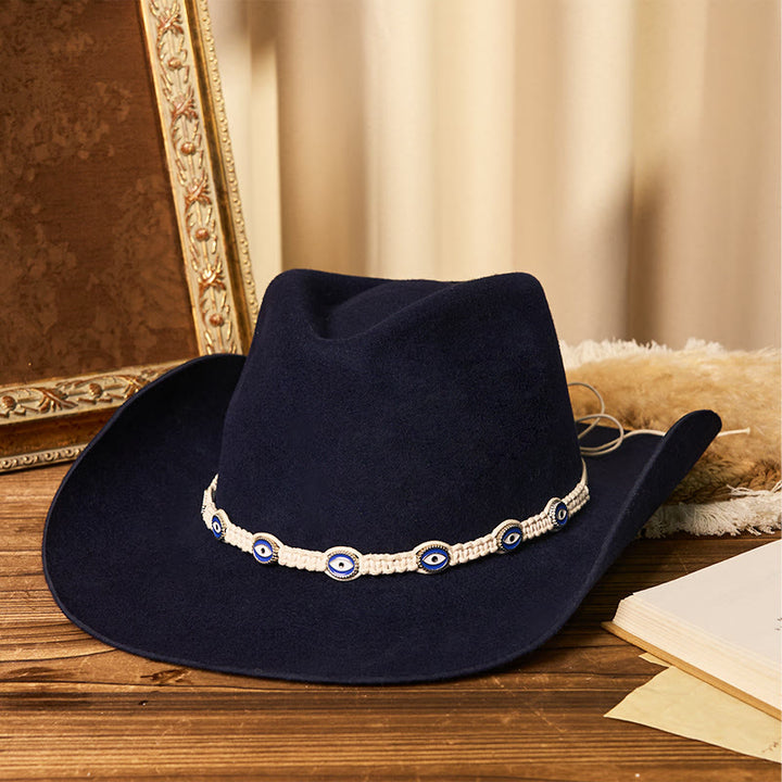 Chapeau de cowboy pour homme avec œil maléfique, bord tricoté blanc et ceinture - Bleu marine - M (22"-22 7/8") - image 3