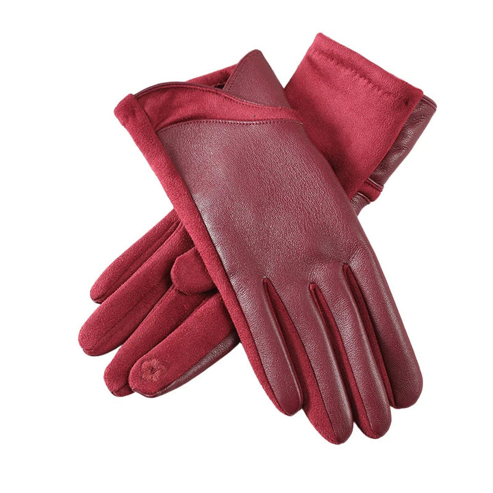 Gants d'hiver pour femmes en cuir avec empiècements isolants pour garder la chaleur - Rouge - image 2