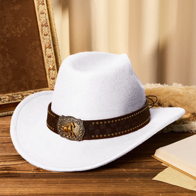 Chapeau de cowboy pour homme avec boucle Golden Horse, bord riveté et ceinture - Blanc - M (22"-22 7/8") - image 9
