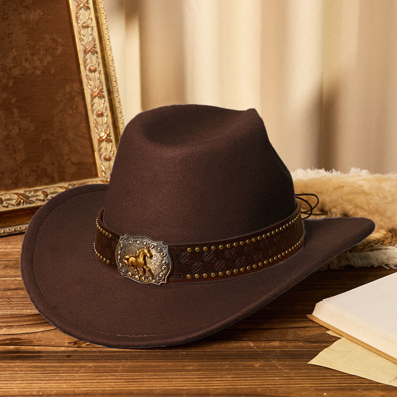 Chapeau de cowboy pour homme avec boucle Golden Horse, bord riveté et ceinture - Café - M (22"-22 7/8") - image 7