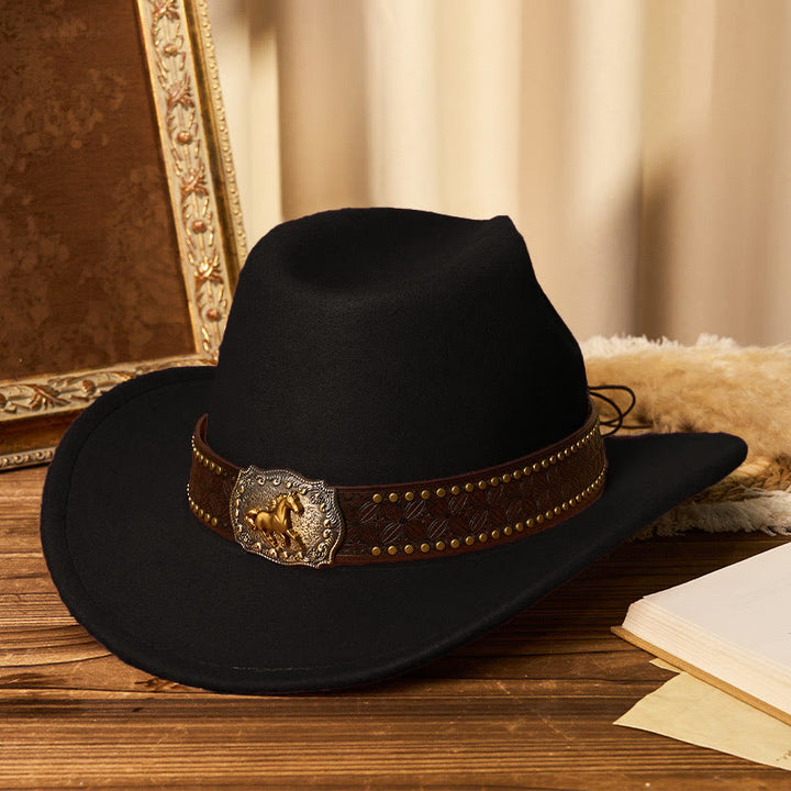 Chapeau de cowboy pour homme avec boucle Golden Horse, bord riveté et ceinture - Noir - M (22"-22 7/8") - image 6