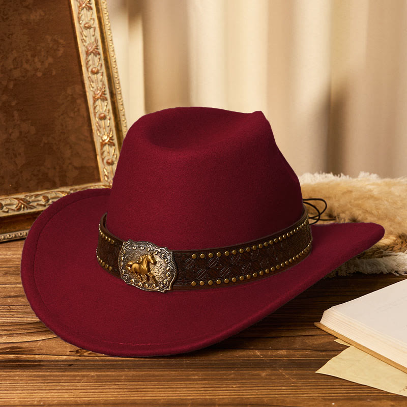 Chapeau de cowboy pour homme avec boucle Golden Horse, bord riveté et ceinture - Vin - M (22"-22 7/8") - image 8