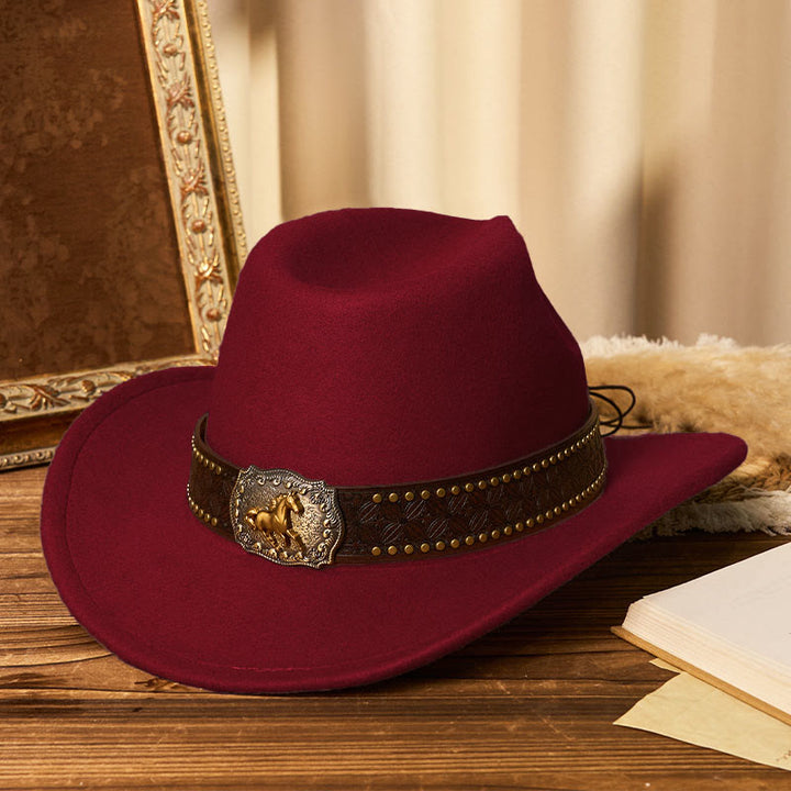 Chapeau de cowboy pour homme avec boucle Golden Horse, bord riveté et ceinture - Vin - M (22"-22 7/8") - image 8