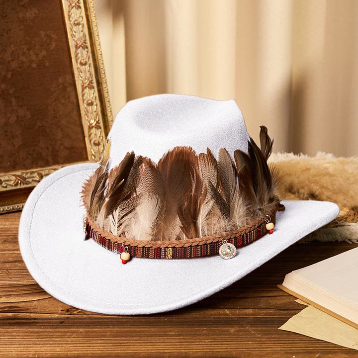 Chapeau de cowboy pour homme avec bord tissé et ceinture à plumes - Blanc - M (22"-22 7/8") - image 9