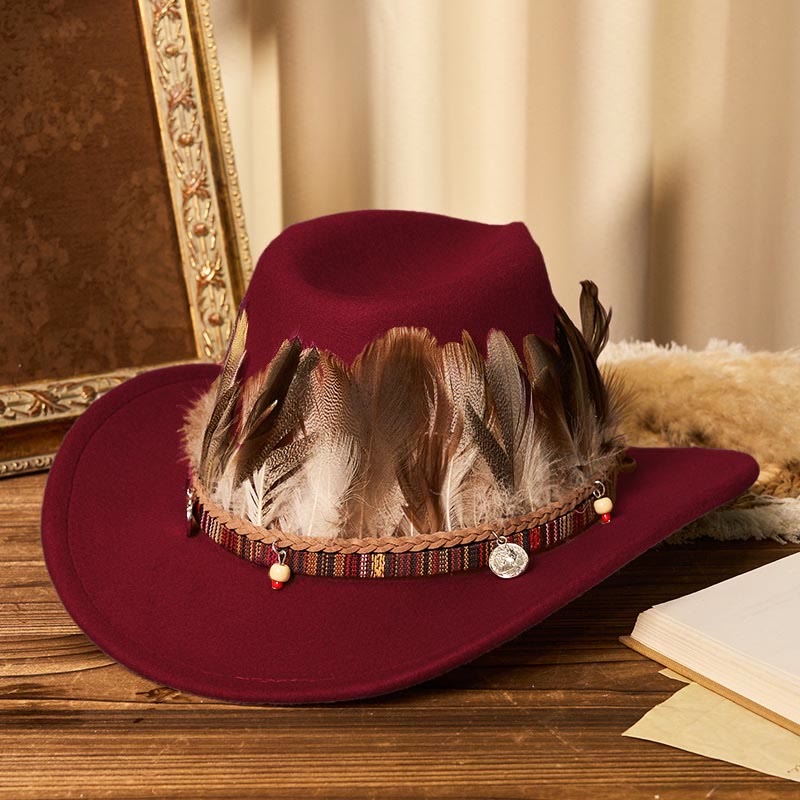 Chapeau de cowboy pour homme avec bord tissé et ceinture à plumes - Vin - M (22"-22 7/8") - image 8