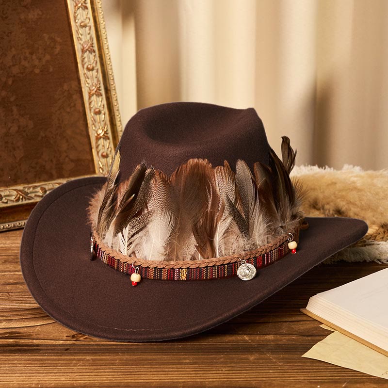 Chapeau de cowboy pour homme avec bord tissé et ceinture à plumes - Café - M (22"-22 7/8") - image 7