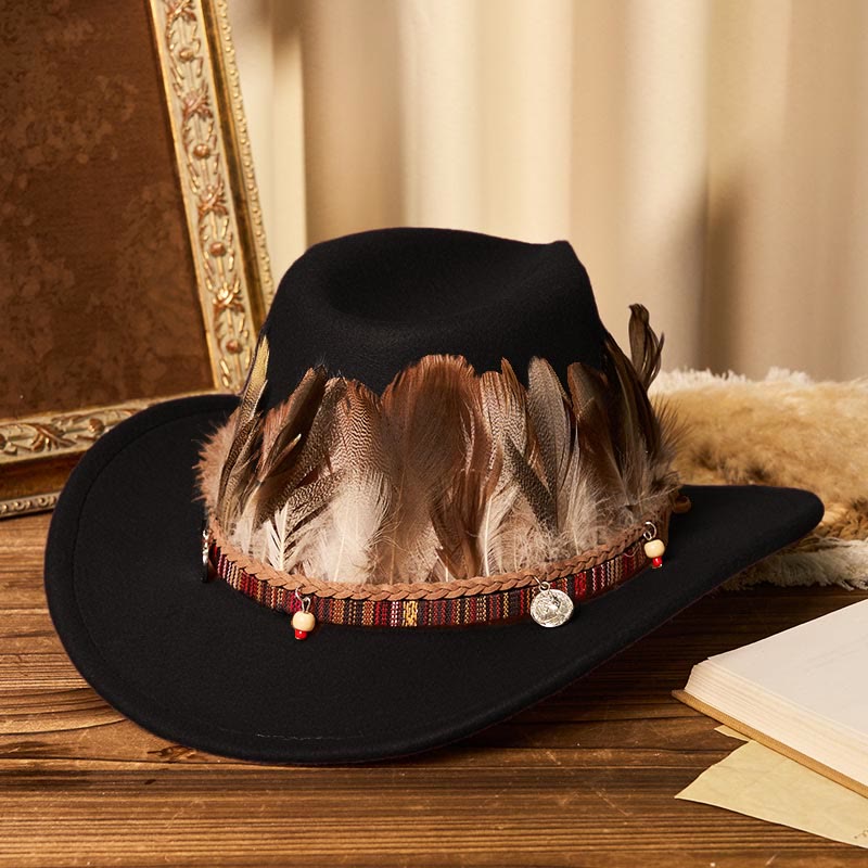 Chapeau de cowboy pour homme avec bord tissé et ceinture à plumes - Noir - M (22"-22 7/8") - image 6