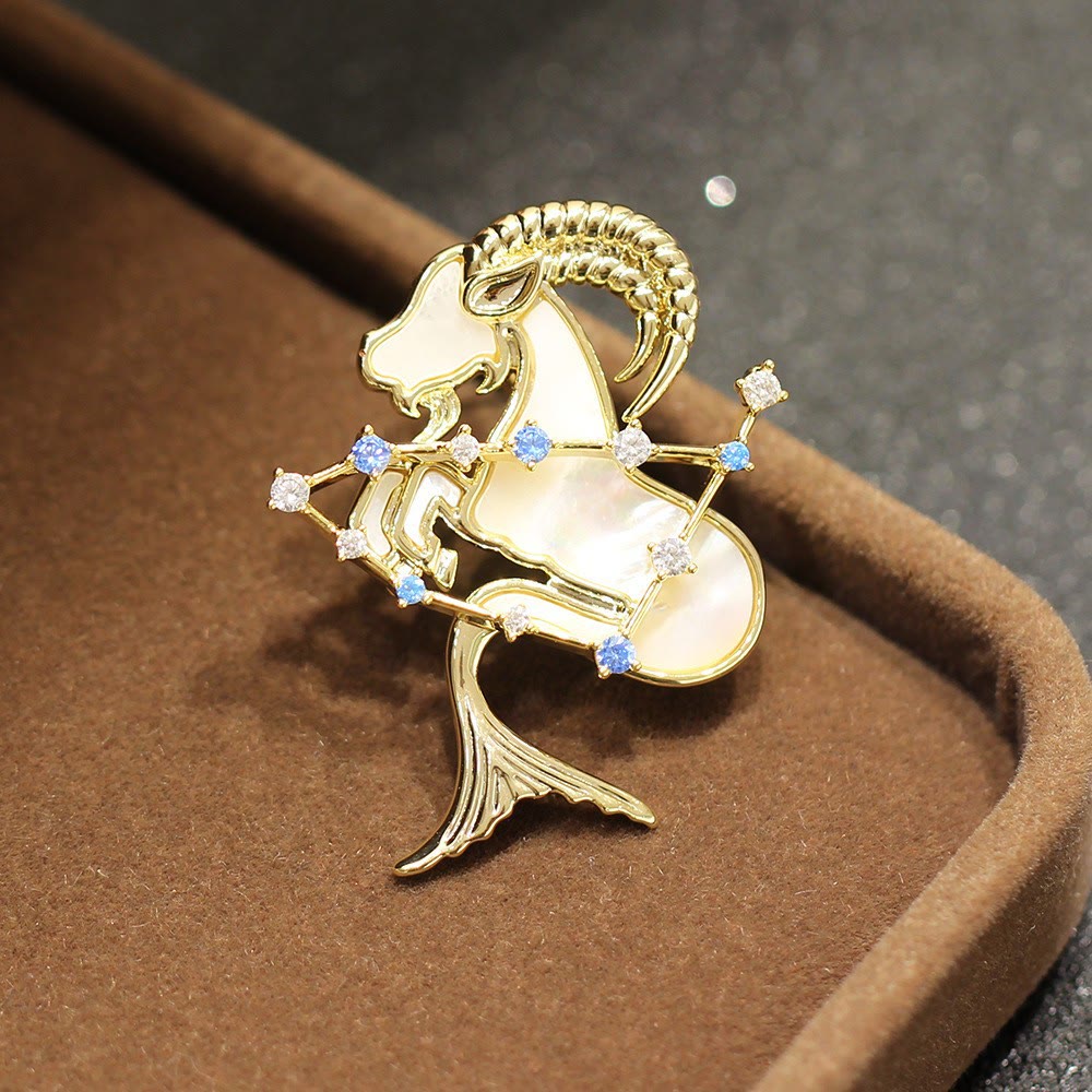 Broche en nacre et cristal bleu, or, représentant les 12 constellations - Capricorne - image 18