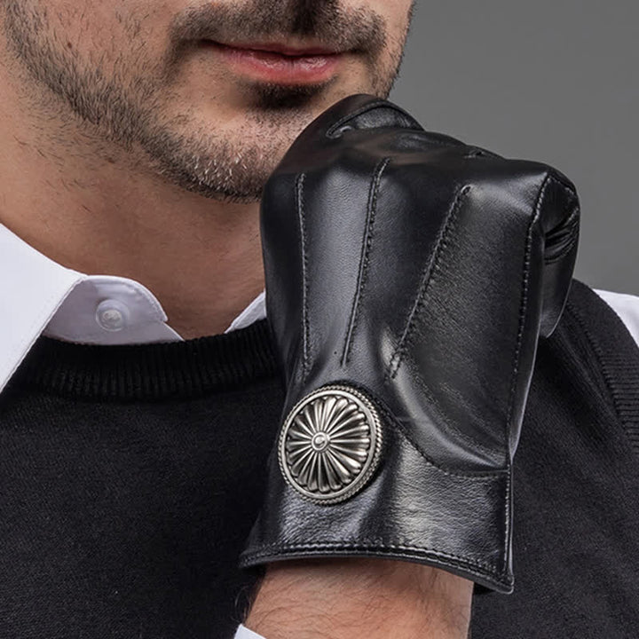 Gants en cuir véritable pour hommes, noirs, style vintage, avec emblème en métal. - image 1