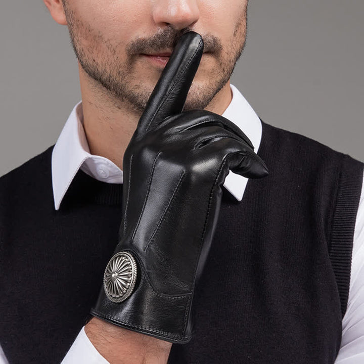 Gants en cuir véritable pour hommes, noirs, style vintage, avec emblème en métal. - image 7