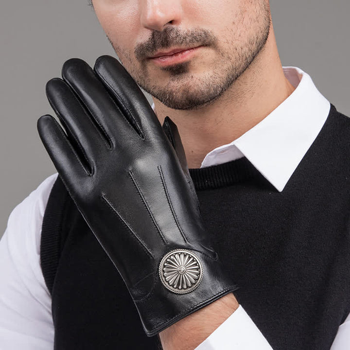 Gants en cuir véritable pour hommes, noirs, style vintage, avec emblème en métal. - image 9