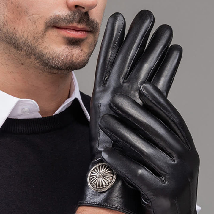Gants en cuir véritable pour hommes, noirs, style vintage, avec emblème en métal. - image 6