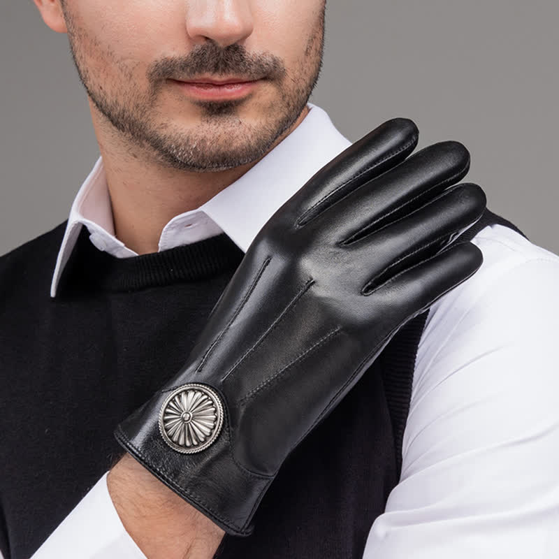 Gants en cuir véritable pour hommes, noirs, style vintage, avec emblème en métal. - image 8