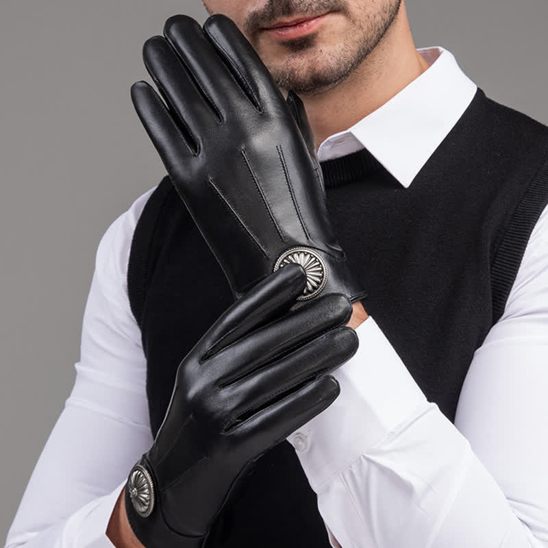 Gants en cuir véritable pour hommes, noirs, style vintage, avec emblème en métal. - Noir - XL - image 0