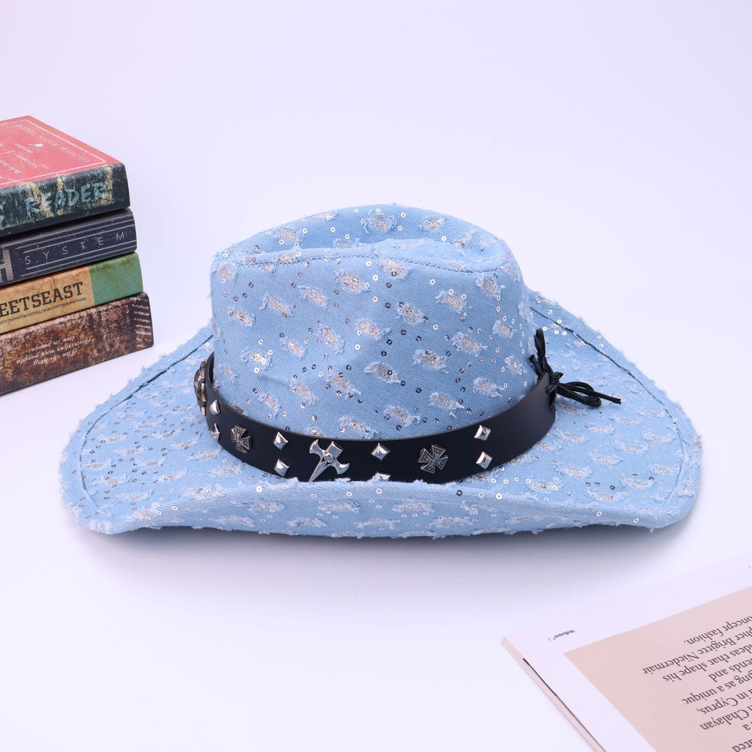 Chapeau de cowboy déchiré avec ceinture noire et tête de mort argentée pour homme - image 3